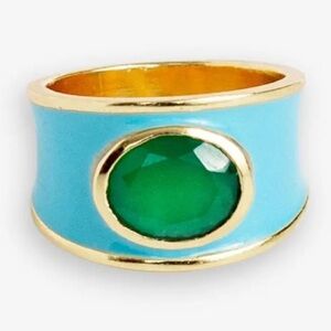 New w tags. Hazel Oval Stone ring. Turquoise enamel band green stone. 18K gold